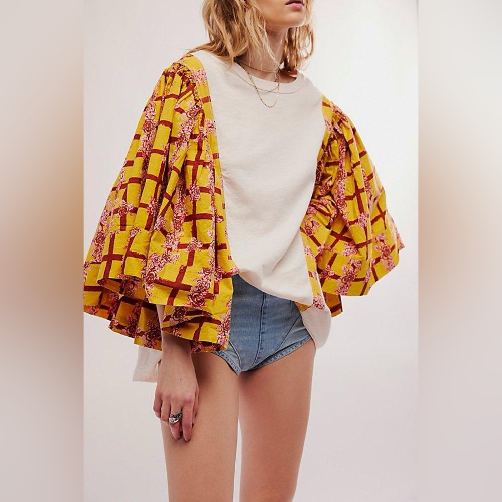 NWOT Free People Folklore Tee Oversized Wide Sleeve Plaid Rose Printed Top